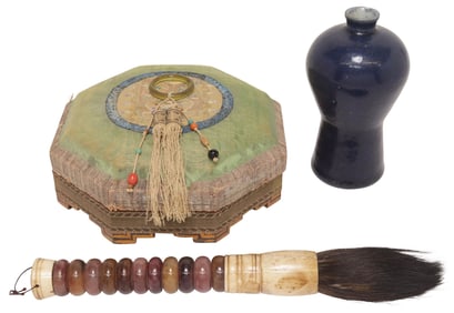 (3) CHINESE TABLE ITEMS: MEIPING VASE, CALLIGRAPHY BRUSH, & SEWING BOX
