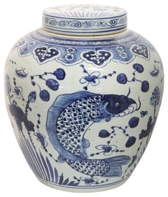 LARGE CHINESE BLUE & WHITE PORCELAIN GINGER JAR & COVER, 15.5"H