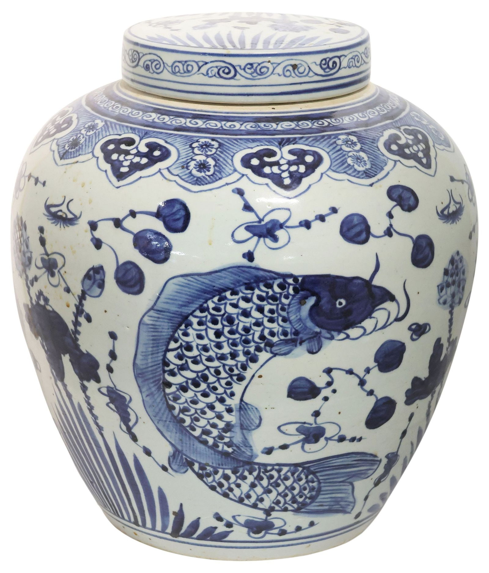 LARGE CHINESE BLUE & WHITE PORCELAIN GINGER JAR & COVER, 15.5"H (1 of 4)