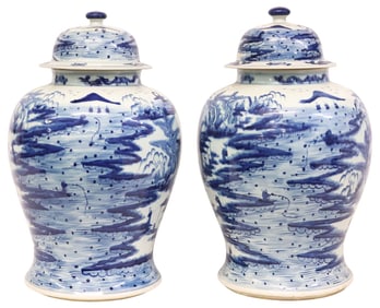(2) CHINESE BLUE & WHITE PORCELAIN COVERED TEMPLE JARS