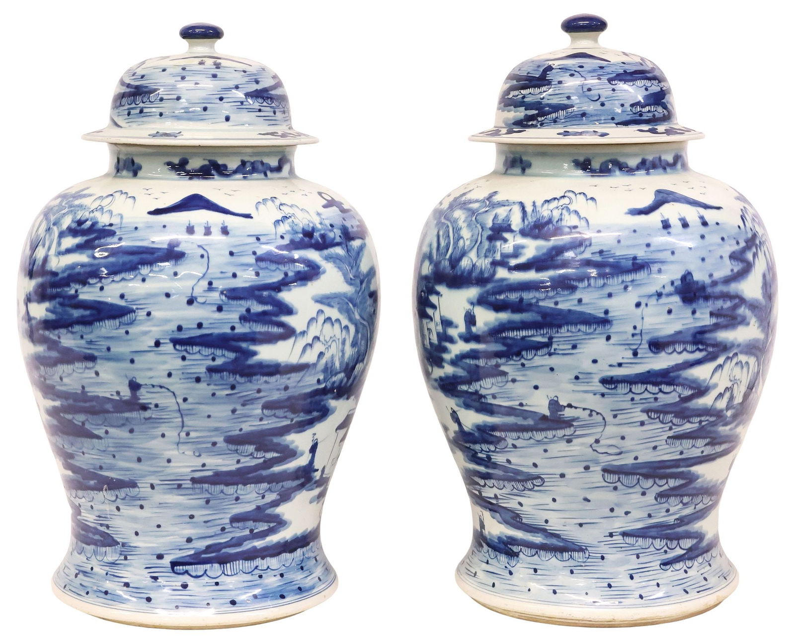 (2) CHINESE BLUE & WHITE PORCELAIN COVERED TEMPLE JARS (1 of 6)