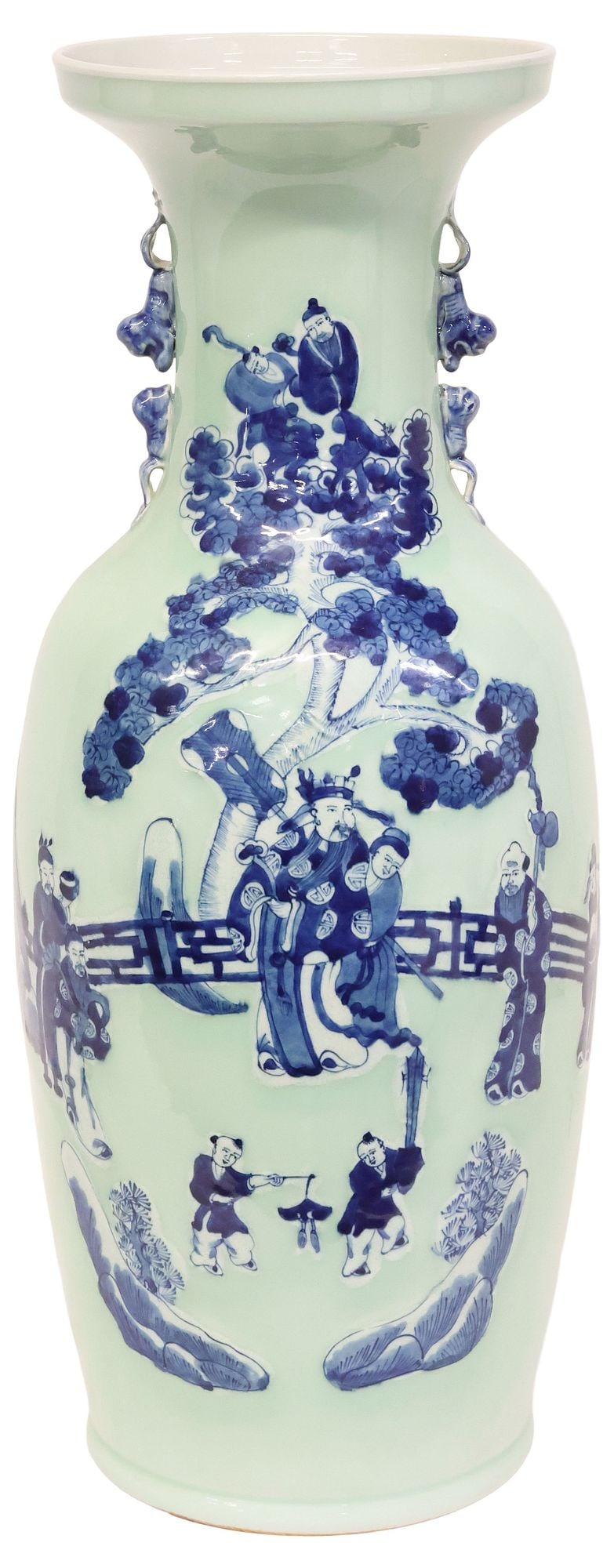 CHINESE CELADON GLAZED PORCELAIN BALUSTER VASE, 24.5"H: Chinese celadon-glazed porcelain baluster vase, having flared rim and dual foo lion handles, above figural courtyard scene, approx 24.5"h, 9"diam, 14.5lbs **Provenance: The collection o