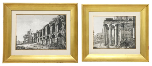 (2) AFTER LUIGI ROSSINI (1790-1857) ETCHINGS, VIEWS OF ROMAN RUINS