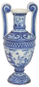 ITALIAN BLUE & WHITE MAJOLICA HANDLED AMPHORA-FORM VASE
