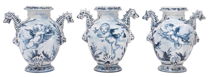 (3) ITALIAN ALBISOLA BLUE & WHITE MAJOLICA HANDLED VASES