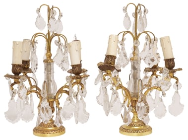 (2) FRENCH GILT-METAL & CRYSTAL 4-LIGHT GIRANDOLE TABLE LAMPS
