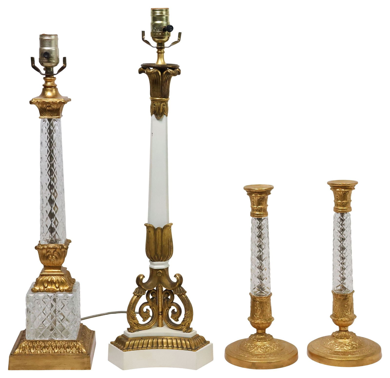 (4) FRENCH GILT METAL & CRYSTAL CANDLESTICKS & TABLE LAMPS: (lot of 4) French gilt-metal table lamps and candlesticks, 20th c., including: (pair) Empire style candlesticks, each having flared candle cup, over diamond cut column, ending on round foliate base, a