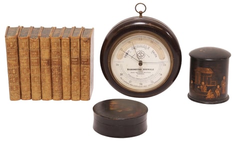 (11) 'WORKS OF MOLIERE' ANTIQUE LIBRARY BOOKS, LACQUERED BOXES & BAROMETER