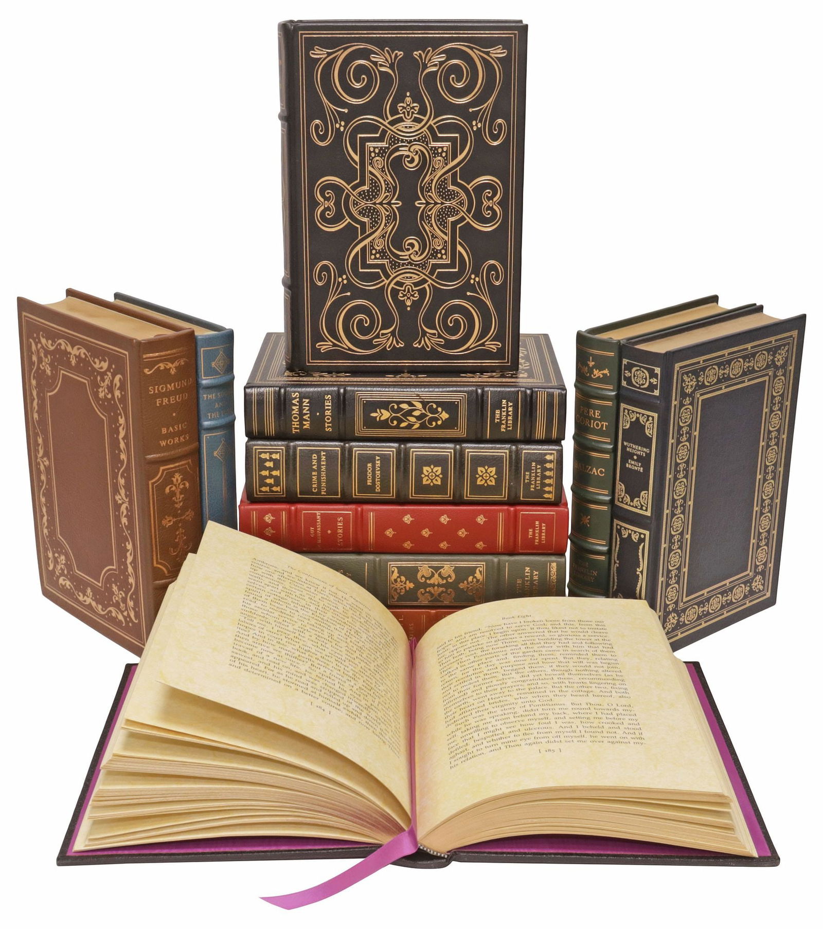 (11) FRANKLIN LIBRARY LEATHER-BOUND LIBRARY SHELF BOOKS: (lot of 11) Books: published by The Franklin Library, Franklin Center, Pennsylvania, all with gilt-embossed leather binding, raised spine bands, gilt page ends, including: (1) "Thomas Mann: Five