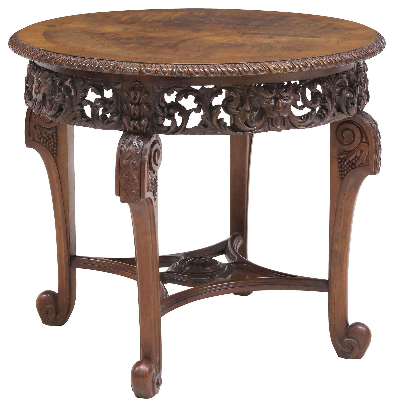 ROCOCO REVIVAL FIGURE CARVED WALNUT CENTER TABLE: Rococo Revival figured walnut center table, late 19th c., having circular figured wood top with egg and dart edge, over molded openwork apron, featuring scrolled foliates and grotesques, legs joined b