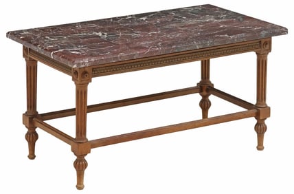 FRENCH LOUIS XVI STYLE MARBLE-TOP WALNUT COFFEE TABLE