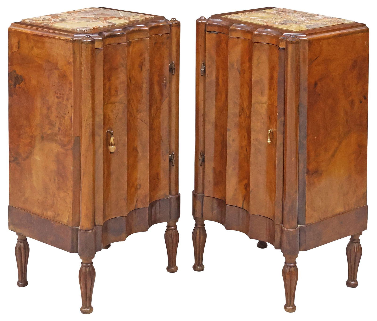 (2) ITALIAN ART DECO PERIOD MARBLE-TOP BURL WALNUT NIGHTSTANDS: (pair) Italian Art Deco burl walnut bedside cabinets, c.1930s, having marble top, inset within sculptural case with scalloped front edge, fitted with cabinet door, enclosing fixed shelf over open stor