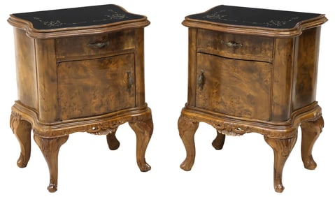 (2) VENETIAN GLASS-TOP BURL WALNUT NIGHTSTANDS