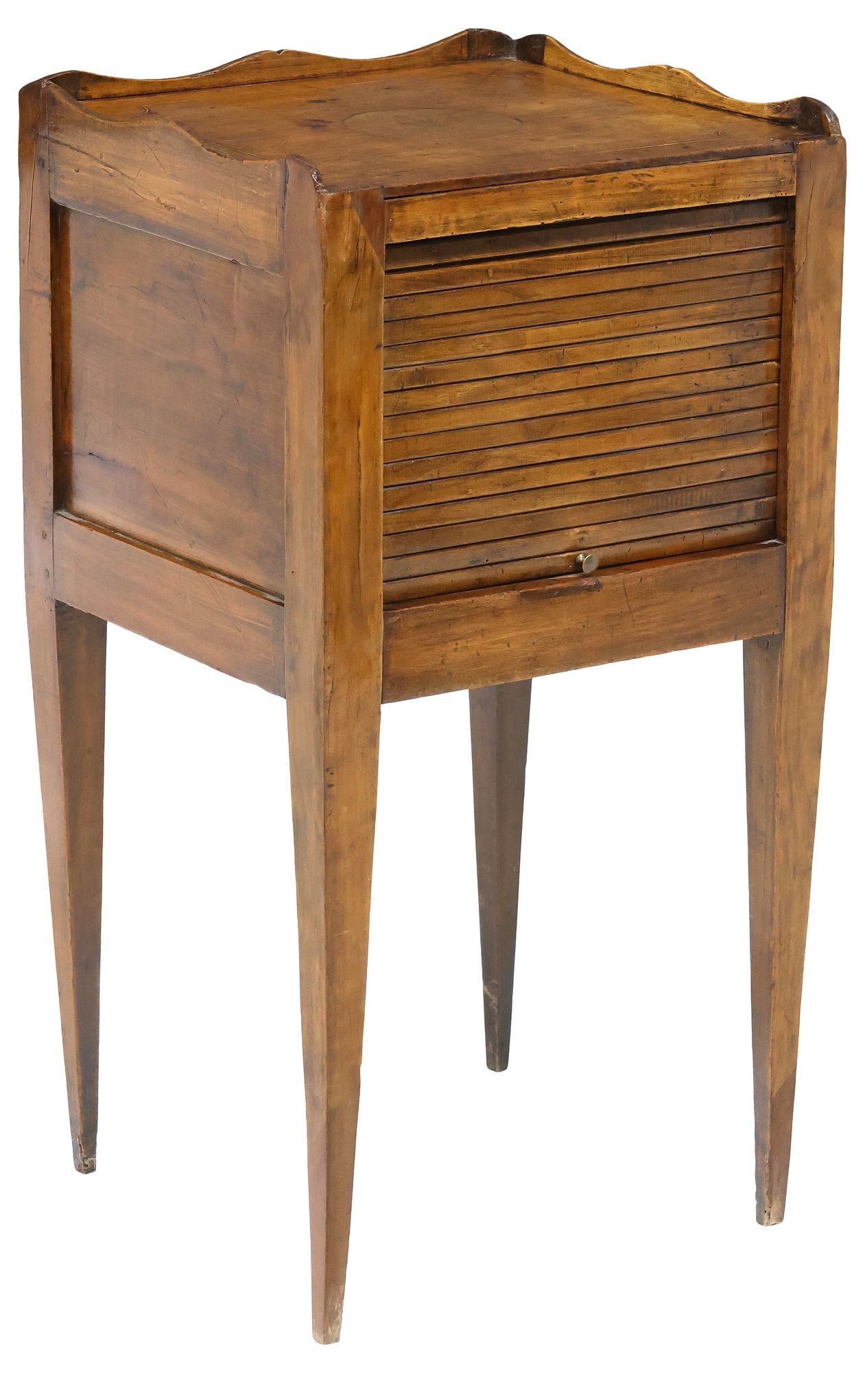 FRENCH PROVINCIAL WALNUT & MARQUETRY TAMBOUR DOOR NIGHTSTAND: French Provincial inlaid walnut bedside cabinet, 19th c., top with raised three-quarter gallery, central marquetry roundel with motifs of the Revolution including a wig on stand and weaponry, over inl