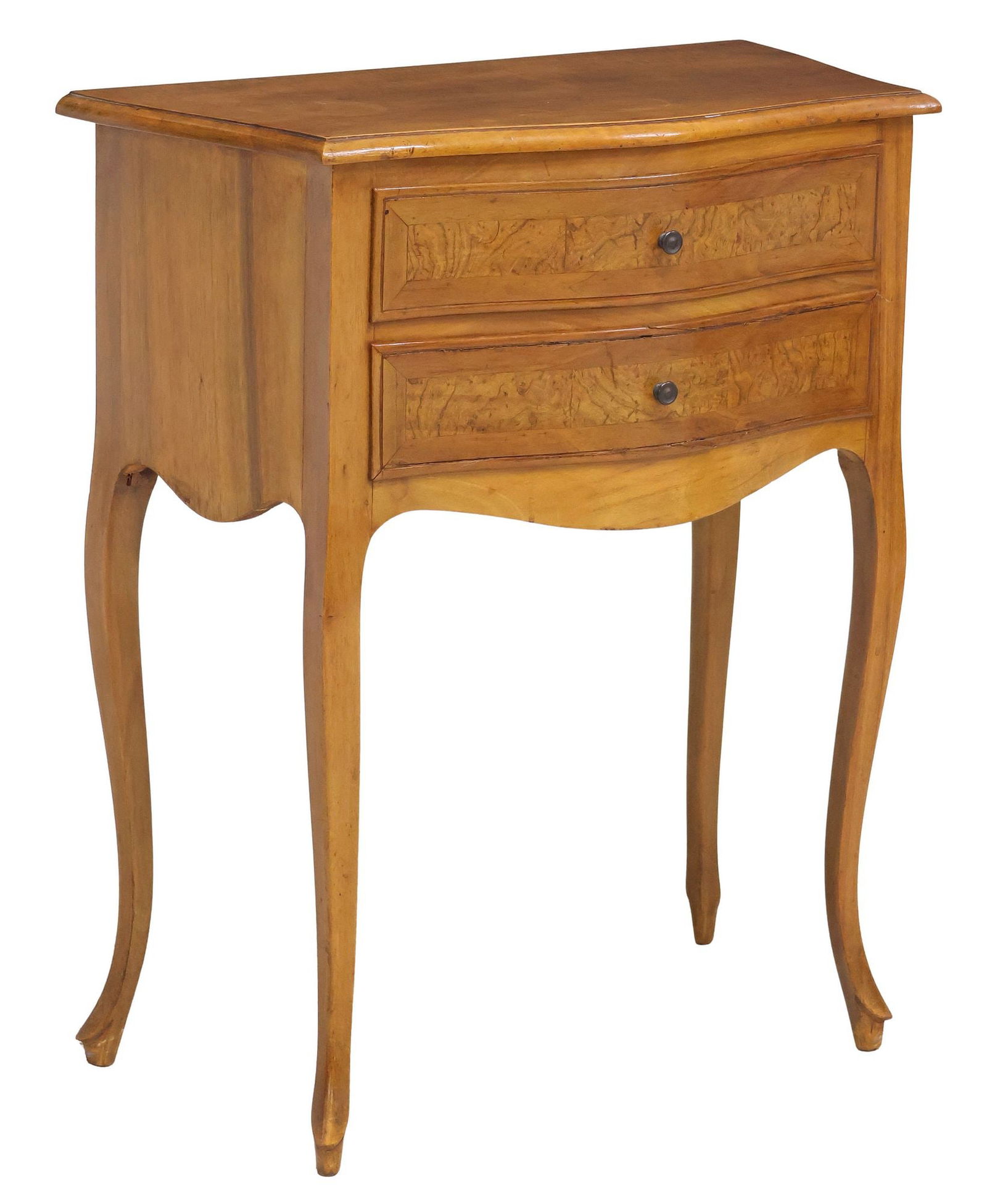 FRENCH LOUIS XV STYLE BURLED WALNUT 2-DRAWER NIGHTSTAND: French Louis XV style walnut nightstand, 20th c., having serpentine top, above two drawers with burlwood fronts, rising on tapering cabriole legs, ending on slipper feet, approx 27"h, 22.75"