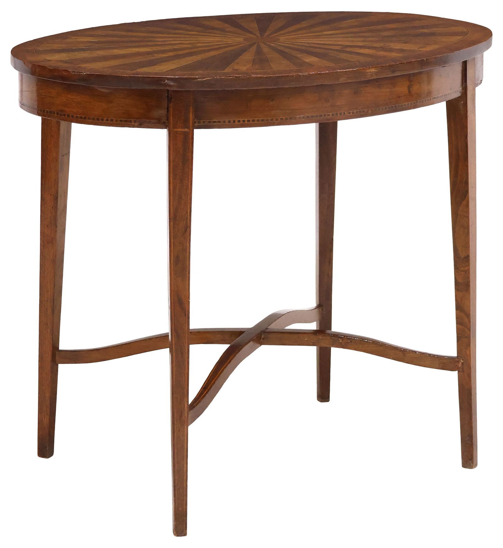 FRENCH PARQUETRY INLAID WALNUT OVAL SIDE TABLE: French inlaid walnut side table, late 19th c., having ovular top with parquetry sunburst motif, over apron with banded stringwork trim, rising on tapered squared legs, joined by X-stretcher, approx 27