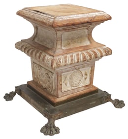 CONTINENTAL BAROQUE STYLE CARVED LOW PEDESTAL ON BRONZE BASE