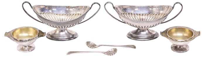 (6) SILVER & SILVERPLATE SALT CELLARS & SCALLOPED SPOONS, 2 THUNE .828 SILVER