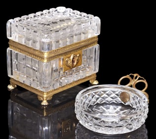 (2) FRENCH DIAMOND CUT CRYSTAL & GILT-METAL TABLE BOX & TRINKET DISH