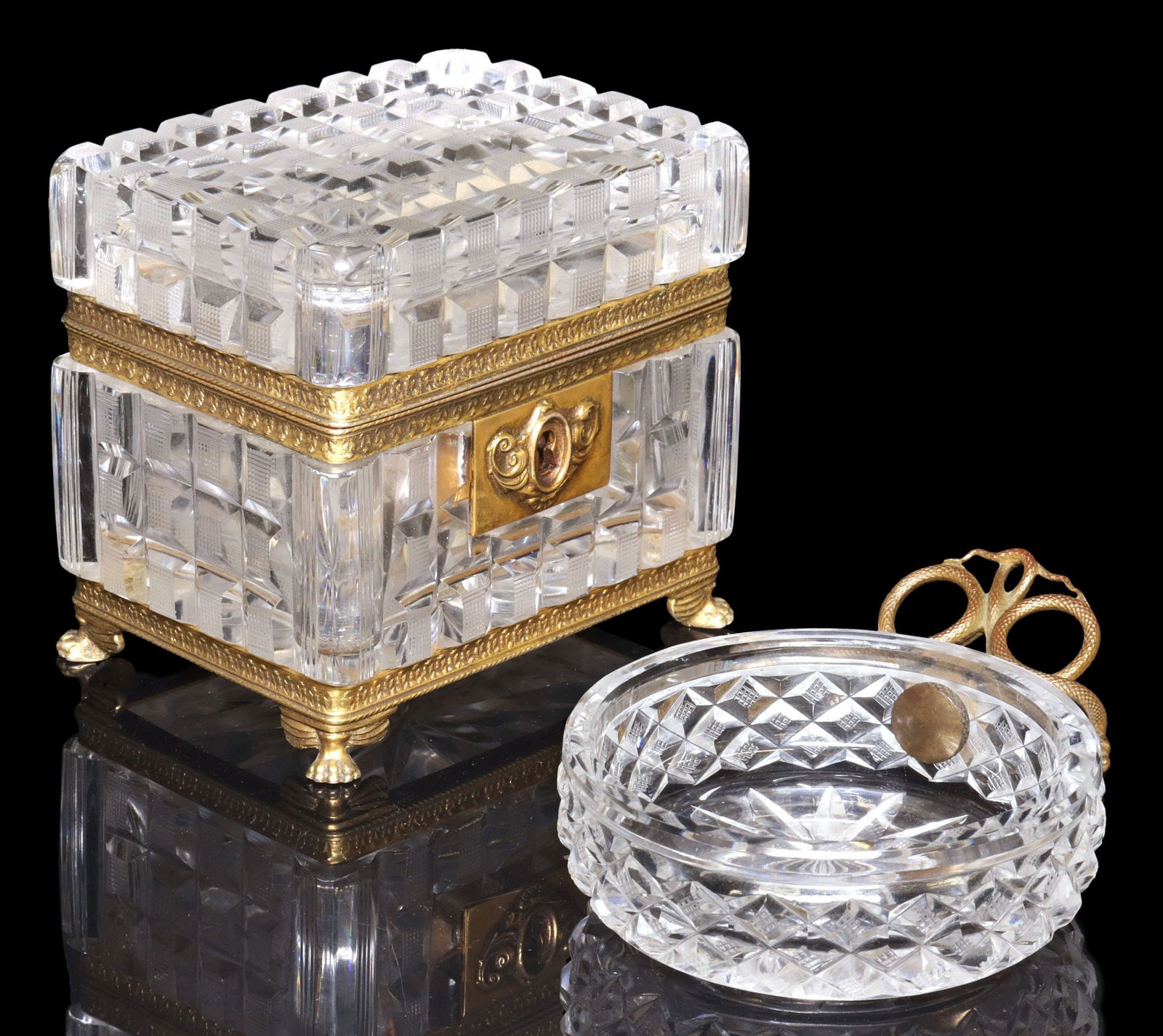 (2) FRENCH DIAMOND CUT CRYSTAL & GILT-METAL TABLE BOX & TRINKET DISH (1 of 6)