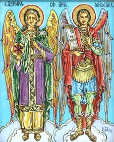 ROMANIAN ORTHODOX REVERSE PAINTING ON GLASS ICON, ST. GABRIEL & ST. MICHAEL