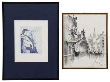 (2) FANTASY DRYPOINT ETCHING & VENETIAN CHARCOAL DRAWING