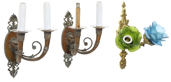 (3) FRENCH METAL 2-LIGHT WALL SCONCES WITH GLASS SHADES