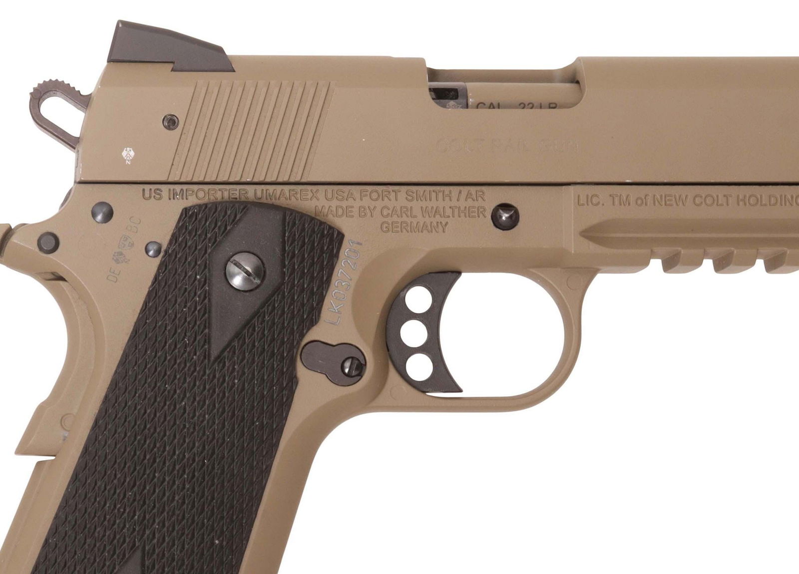 COLT .22LR GOVERNMENT MODEL 1911, WALTHER MFG: Colt 1911 Government Model Pistol, Semi Automatic, .22LR Caliber, licensed mfg. by Carl Walther, Germany, markings include "Colt Rail Gun", finish is "Flat Dark Earth", 5" barrel, adjustable red fiber