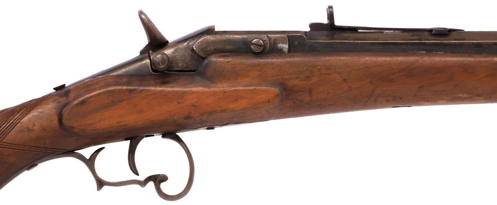 BELGIUM FLOBERT 8MM ANTIQUE RIFLE: Flobert FN, Belgium, c.1880, 8mm caliber rimfire single shot rifle, having a 24.5" octagonal barrel, blade front sight, adjustable rear sight, the knob handle at right raises the breech block for cham