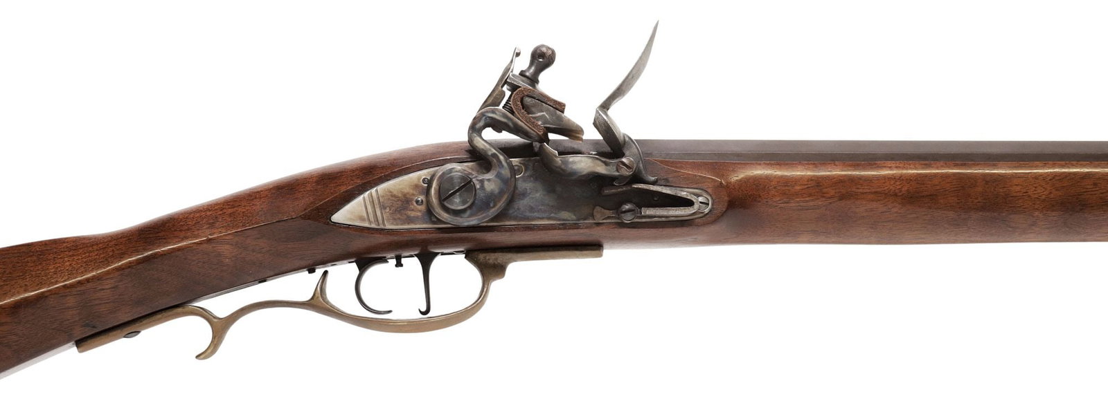 PEDERSOLI FLINTLOCK KENTUCKY RIFLE, .50 CAL BLACK POWDER: Pedersoli Kentucky rifle, .50 caliber, 39" octagonal barrel, wooden ram rod, blade front sight, fixed rear sight, makers mark and caliber at left flat opposite the action, colorful case hardened recei
