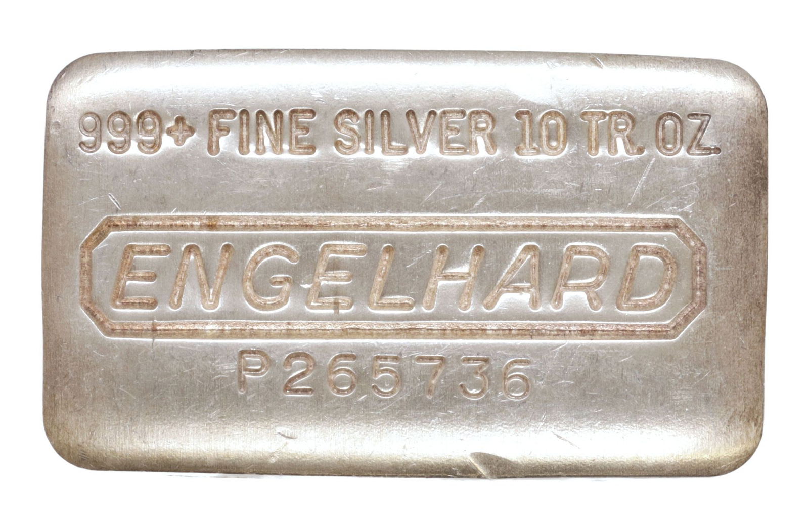 ENGELHARD 10 TROY OUNCE .999 PURE SILVER BAR: Engelhard .999+ Fine Silver bar, 10 troy ounces, SN P265736