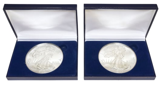 (2) .999 PURE SILVER, AMERICAN HISTORIC SOCIETY SILVER EAGLES, 12OZT