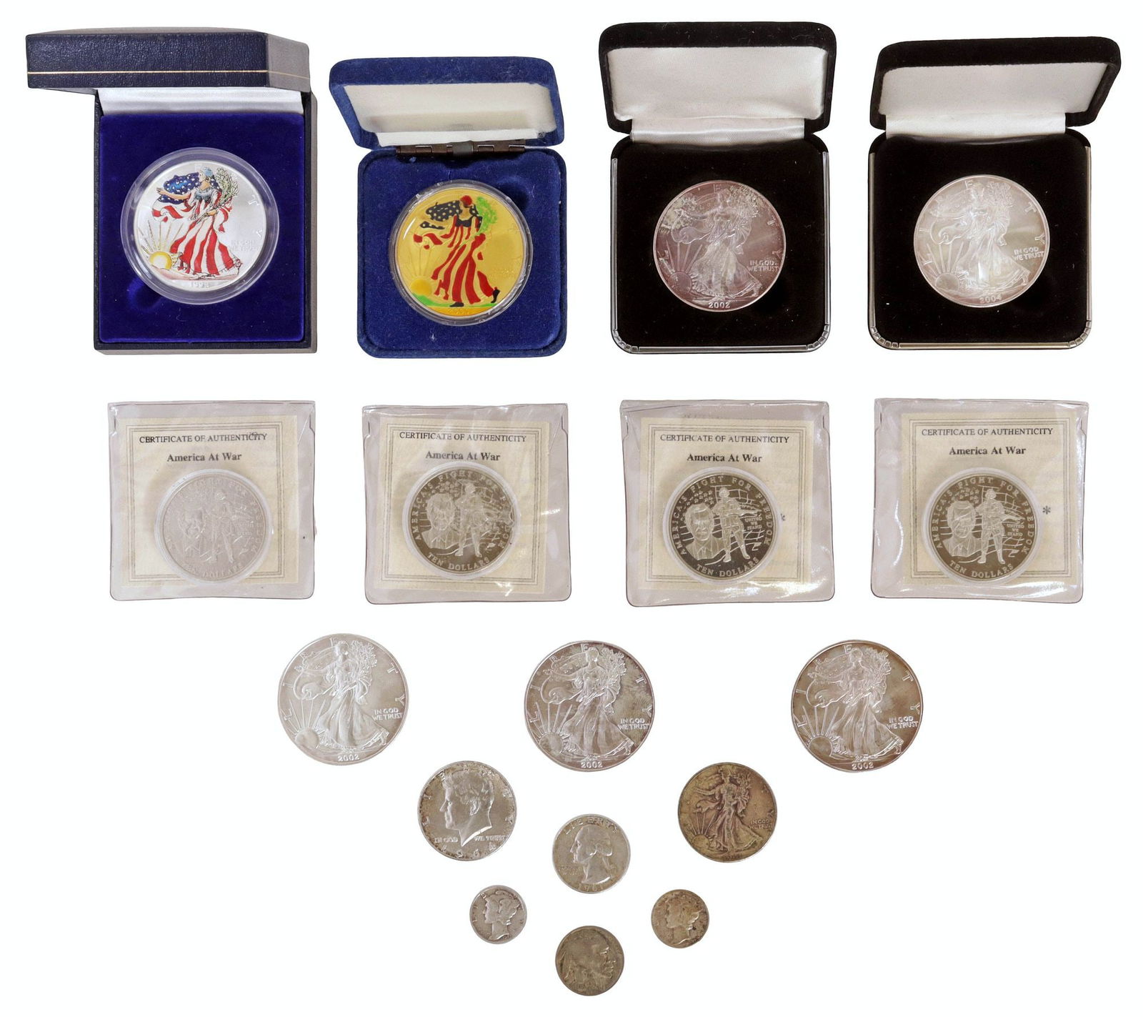 (17) U.S. SILVER EAGLE $1 COINS & MISC U.S. COINS & OTHERS: (lot of 17) U.S. Coins: (7) U.S. Silver Eagle $1 Coins, one 1999 painted, one 2000 painted, five 2002, (1) U.S. Walking Liberty half dollar, 1941-P; (1) 1964 Kennedy Half Dollar; (1) 1961 Jefferson Qu