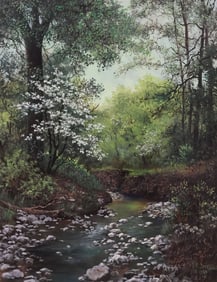 NANCY BERKHOUSE (TEXAS, 20TH C.) PAINTING, FOREST CREEK LANDSCAPE
