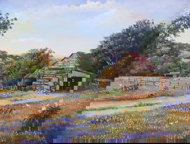 NANCY BERKHOUSE (TEXAS, 20TH C.) PAINTING, BARN & BLUEBONNETS LANDSCAPE