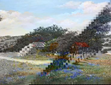 NANCY BERKHOUSE (TEXAS, 20TH C.) PAINTING, BARN & BLUEBONNETS LANDSCAPE