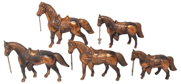 (5) STANDING COPPER-TONE METAL MODELS OF HORSES, 1 COIN BANK