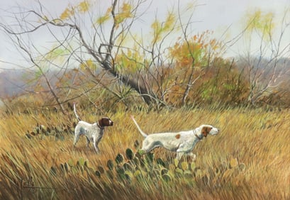 RONNIE WELLS (TEXAS, B.1944) WATERCOLOR PAINTING, HUNTING DOGS
