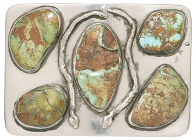 LARGE NATIVE AMERICAN SILVER & TURQUOISE SNAKE BELT BUCKLE