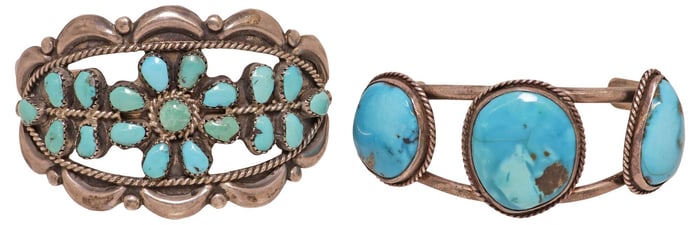 (2) NATIVE AMERICAN SILVER & TURQUOISE SPLIT SHANK CUFF BRACELETS