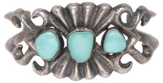 NATIVE AMERICAN TUFA CAST SILVER & TURQUOISE CUFF BRACELET