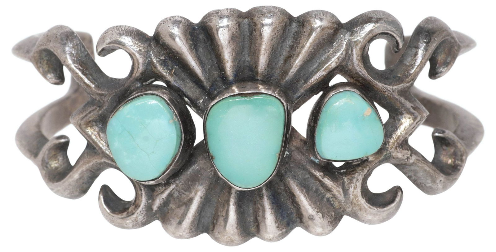 NATIVE AMERICAN TUFA CAST SILVER & TURQUOISE CUFF BRACELET (1 of 4)