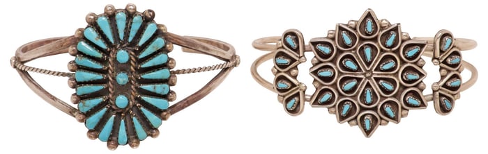 (2) NATIVE AMERICAN ZUNI SILVER & PETIT POINT TURQUOISE CUFFS, 1 PHILLIP & ARLITA LAHI