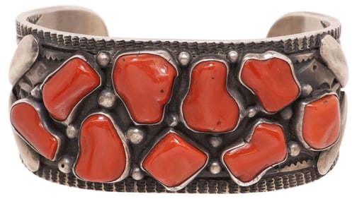 SAMPSON WERITO NAVAJO STERLING SILVER & RED CORAL CUFF BRACELET