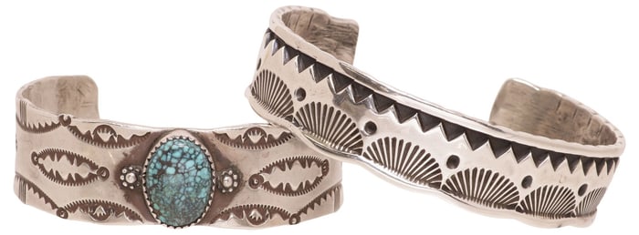 (2) SOUTHWEST STAMPWORK STERLING CUFF BRACELETS, 1 WITH TURQUOISE