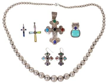 (6) SOUTHWEST STYLE SILVER JEWELRY SET, CROSS PENDANTS & EARRINGS