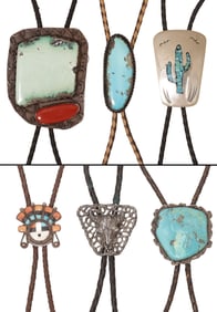(6) SOUTHWEST STYLE MULTI-STONE & SILVER BOLO TIES, 1 STERLING