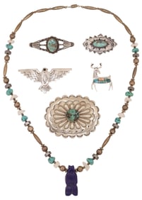 (6) SOUTHWEST SILVER & TURQUOISE BROOCHES & PENDANT NECKLACE