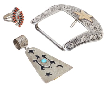 (3) SOUTHWEST STYLE PENDANT, ZUNI RING & WESTERN STERLING BELT BUCKLE