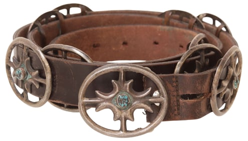 NATIVE AMERICAN TUFA CAST STERLING & TURQUOISE CONCHO BELT